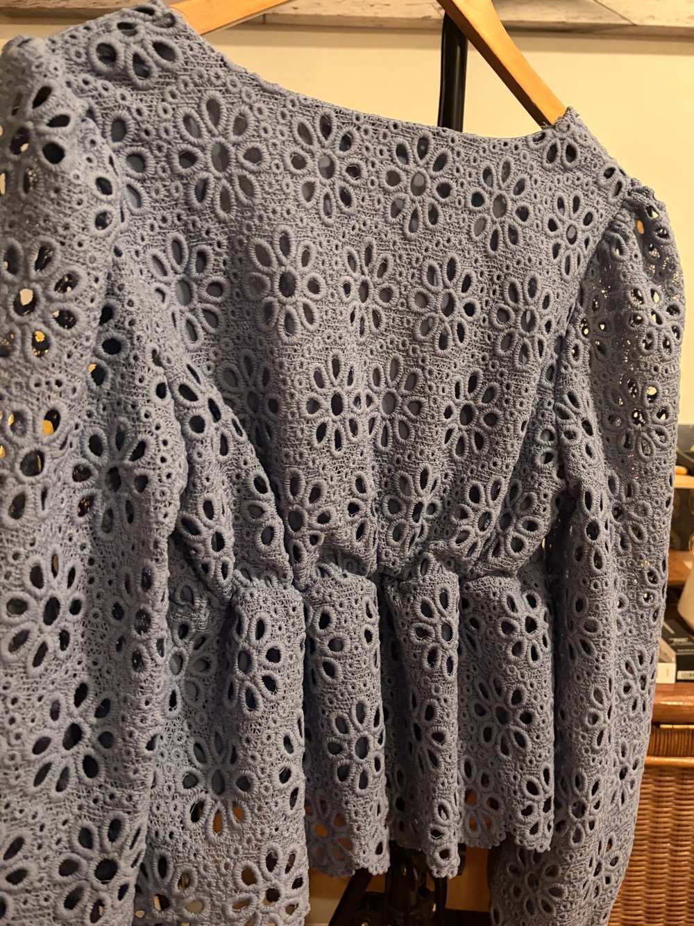 Altar'd State Long Sleeve Blue Crochet V-Neck Peplum Blouse, Size Medium - Picture 7 of 10
